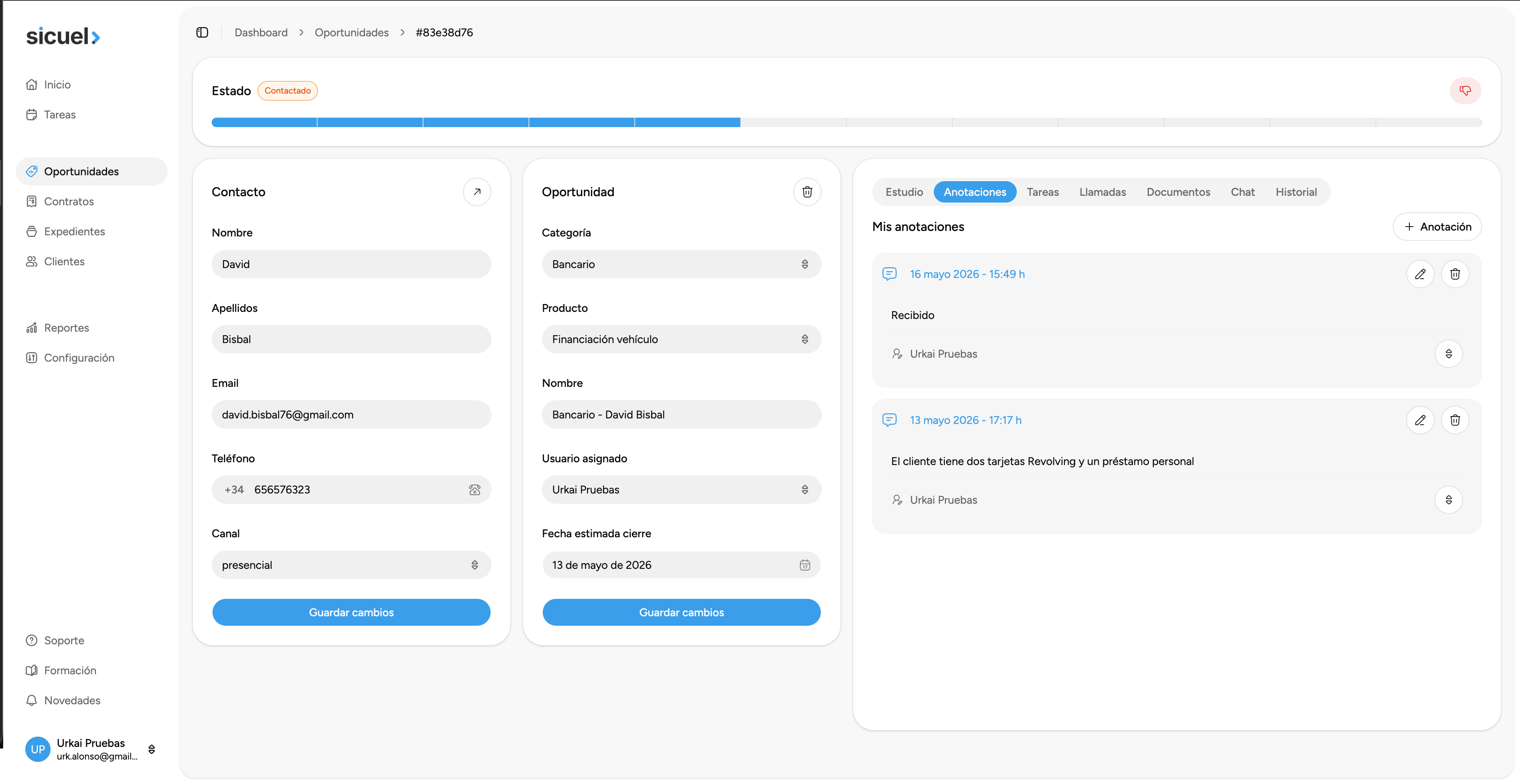 Pipeline del CRM de Sicuel
